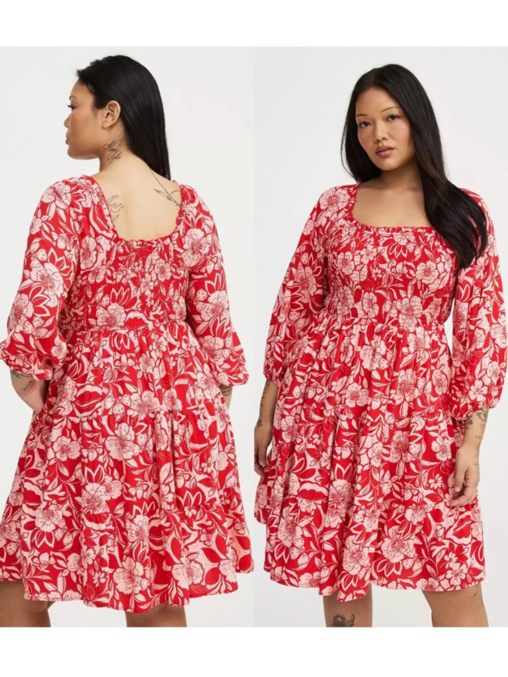 TORRID 1 Plus Size Smocked Bodice Mini Dress Red Pink Floral 3/4 Sleeve Tropical
